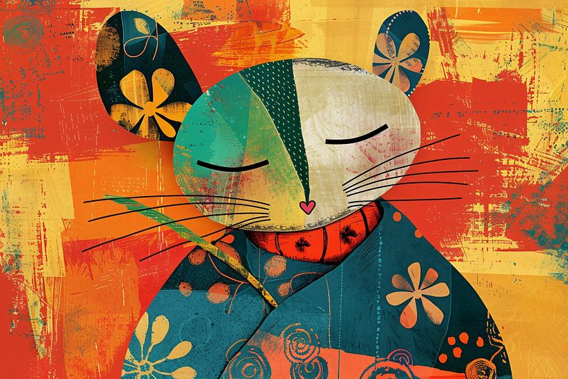 Fröhliche abstrakte Katze mit bunten Blumen von Imperial Art House