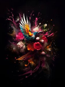 Kolibri in einer Explosion von Blumen, Farben und Federn