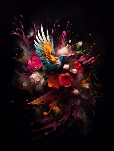 Hummingbird in an Explosion of Flowers, Colours and Feathers by Eva Lee