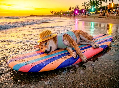 Un Shiba Inu se détend sur une planche de surf au coucher du soleil