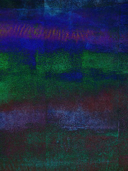 Moody minimalist landscape. Abstract painting in blue, green, purple by Dina Dankers