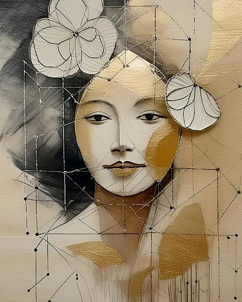 Abstract Portret van  een Vrouw met bloemen van Studio Pieternel