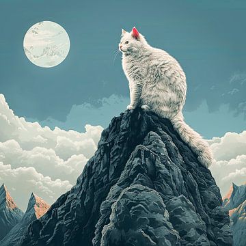 Witte Kat op Bergtop bij Maanlicht van Vlindertuin-Art