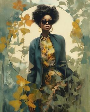 Modern portrait in shades of green and yellow by Carla Van Iersel