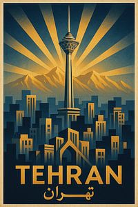 Teheran Skyline Vintage Poster - Milad Turm & Alborz Berge Kunst