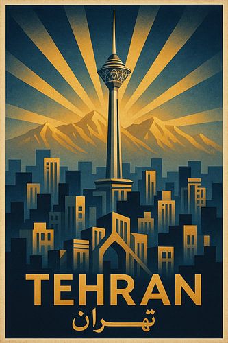 Tehran Skyline Vintage Poster – Milad Tower & Alborz Mountains Art