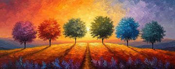 Six Trees - Abstract Kleurrijk Landschap van Kunst Kriebels