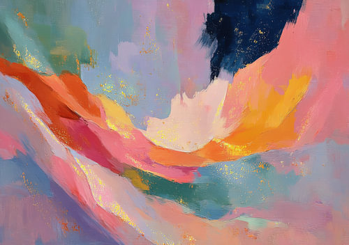 An abstract composition in pink and gold featuring dynamic shapes
