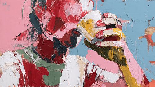 Peinture acrylique contemporaine surréaliste représentant une figure abstraite expressive en train de se nourrir – Œuvre d'art moderne pour les murs
