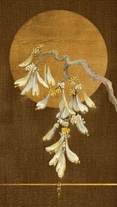 Japanische botanische Blüten auf Leinen | Goldener Mond & e Zen-Atmosphäre