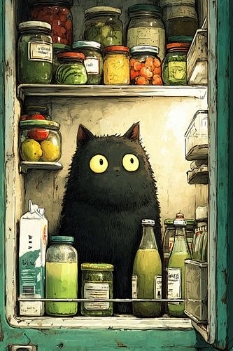 Un chat noir dans le réfrigérateur ouvert