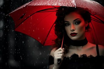 Jeune femme avec parapluie rouge sous la pluie, photographie en noir et blanc sur Animaflora PicsStock