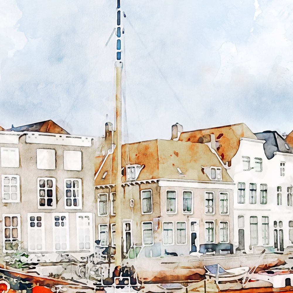 Aquarelschilderij van de Rouaansekaai in Middelburg, Zeeland van Danny ...