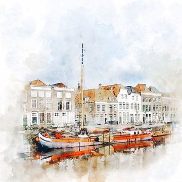 Watercolour painting of the Rouaansekaai in Middelburg, Zeeland by Danny de Klerk