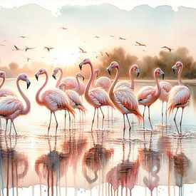Lever de soleil serein sur les flamants roses sur Chromatic Fusion Studio