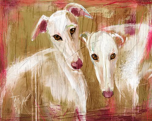 The Shared Light of Rescued Hearts - Portrait of two Galgo's/Greyhounds von Tanja Kooymans