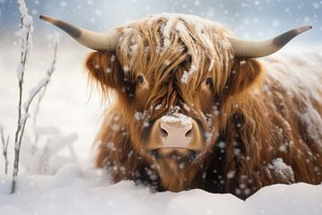 Schotse hooglander portret in de sneeuw van Digitale Schilderijen