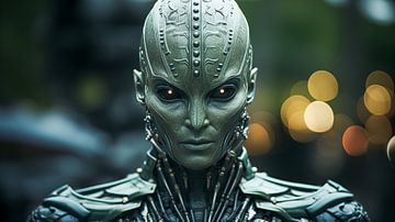 Portret van een futuristische groene buitenaardse machine cyborg man met gele ogen van Animaflora PicsStock