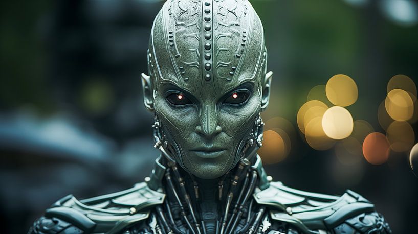 Porträt eines futuristischen grünen Alien Maschinen Cyborg Mannes mit gelben Augen von Animaflora PicsStock