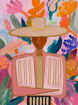 Abstrakte Frau mit Hut, trendige Boho-Cowboy-Kunst, Cowgirl-Blumenmuster, botanisches Blumenmuster