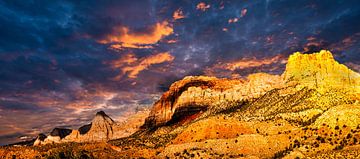Panorama rotsformatie met donderwolken in Zion National Park Utah USA van Dieter Walther
