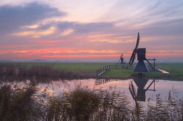 dutch windwills in the evening light by Hans Bargerbos