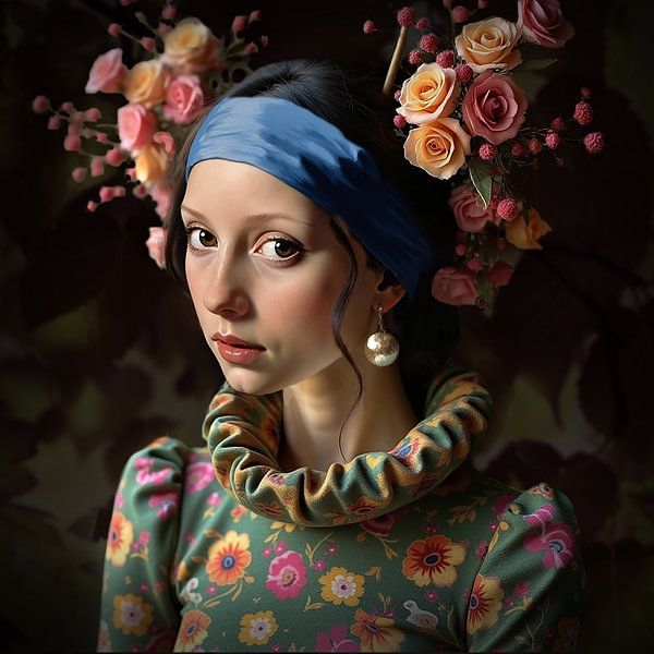 Fille avec perle et fleurs par Herman Peters