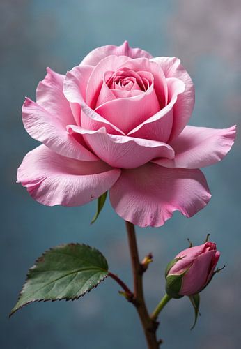 Roze roos met knop en blad tegen groenblauwe achtergrond