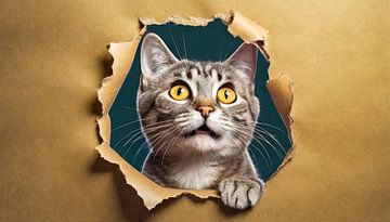 Kat kijkt in een gescheurd gat aan de papieren kant, geïsoleerd van Animaflora PicsStock