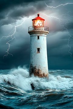 Stormvuurtoren in ruwe zee van Poster Art Shop