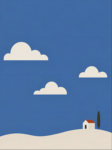 Minimalistische Landschaft mit weißem Haus und Wolken