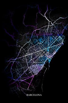 Barcelona - Abstrakte Karte in Schwarz-Violett-Blau von Art By Dominic