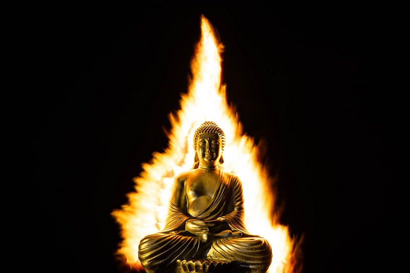 Buddha-Statue umgeben von Flammen, die Wärme und Schutz ausstrahlen von Kasper van der Burgh