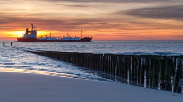 Cargo ship sails by on the coast of Zeeland during sunset