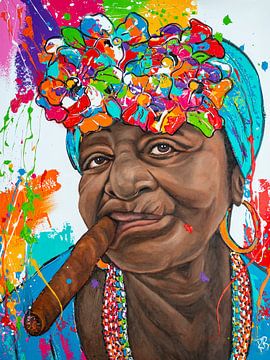 Cubaanse vrouw met sigaar V van Happy Paintings