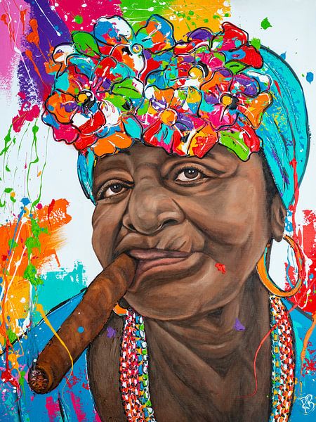 Cubaanse vrouw met sigaar V van Happy Paintings / Renata Rolefes