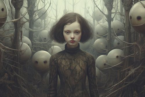 Strange and bizarre picture with funny monsters and a beautiful girl