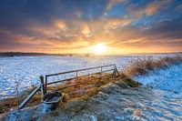 winter in Drenthe with a beautiful sunrise and snow over the meadows.
