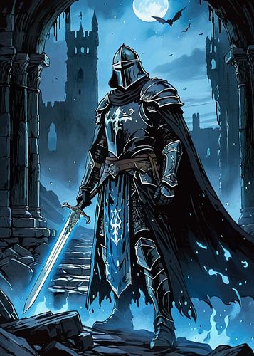 Dark Knight holding Sword under the Moon