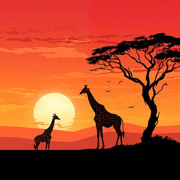 Giraffen bij ondergaand zon van Koffie Zwart