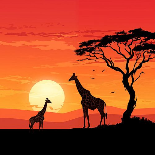 Giraffen bij ondergaand zon