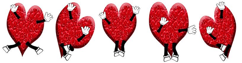 Five happy hearts jumping in the air. van Grüntyers .