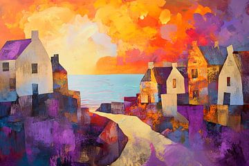 Colourful coastal town at sunset by Poster Art Shop