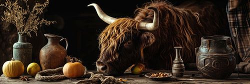 Schotse hooglander stilleven panorama van Digitale Schilderijen