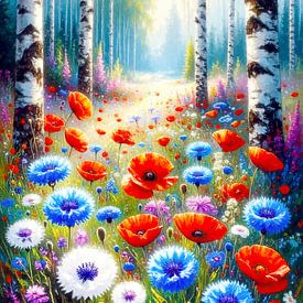 Lichtung zwischen Birken, Kornblumen und Klatschmohn von AidasignArt