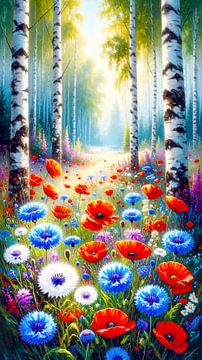 Clairière entre bouleaux, bleuets et coquelicots sur AidasignArt