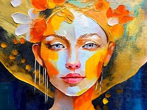 Modernes Porträt einer Frau in Orange und Blau