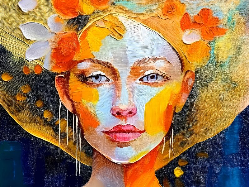 Modern portrait of a woman in orange and blue by Studio Pieternel