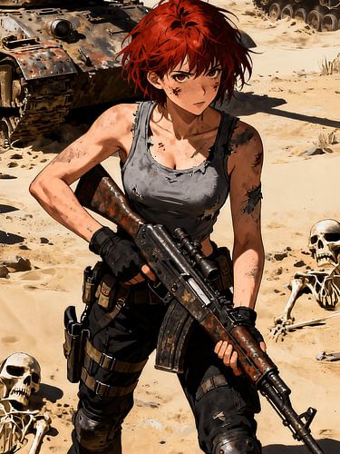 ANIME Crimson Battlefield Survivor - Post-apocalyptisch militair meisje in woestijngevecht