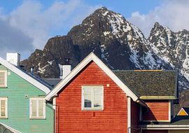 Bunte Häuser vor der Kulisse majestätischer Berggipfel in Henningsvaer,  von PhotoCluster
